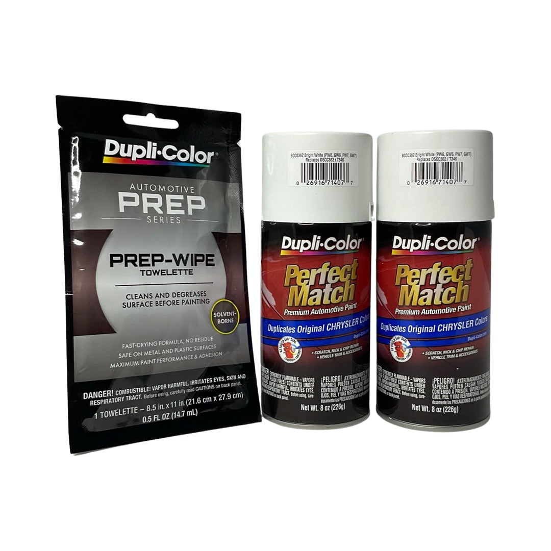 Dupli-Color BCC0362 2 Pack + Prep Wipe Bundle - Chrysler Bright White Perfect Match Automotive Spray Paint - 8 oz. cans with Prep Wipe (3 Items)