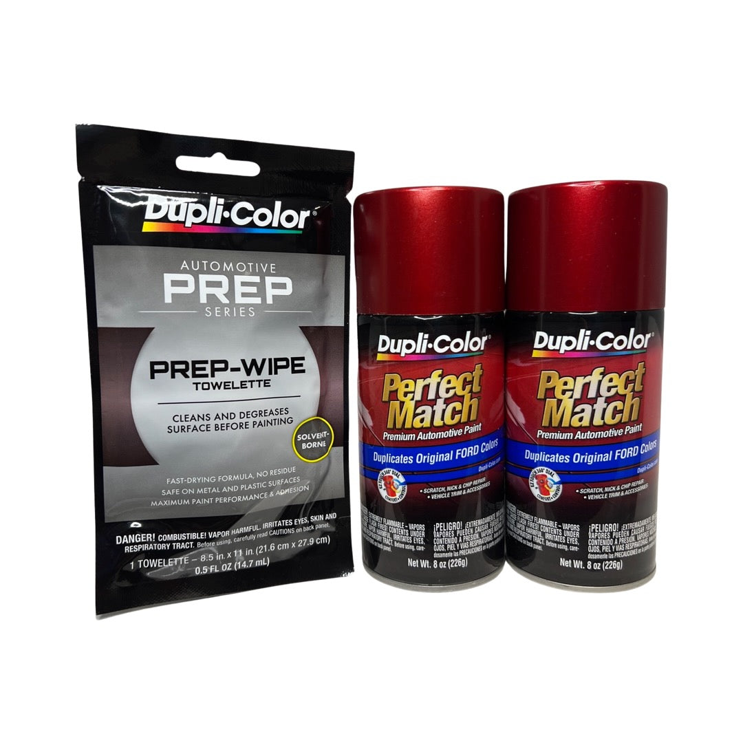 Dupli-Color BFM0344 2 Pack + Prep Wipe Bundle - Ford Toreador Red Metallic Perfect Match Automotive Spray Paint - 8 oz. cans with Prep Wipe (3 Items)
