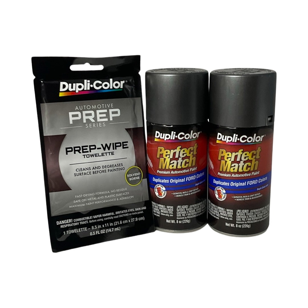 Dupli-Color BFM0360 2 Pack + Prep Wipe Bundle - Ford Dark Shadow Grey Perfect Match Automotive Spray Paint - 8 oz. cans with Prep Wipe (3 Items)