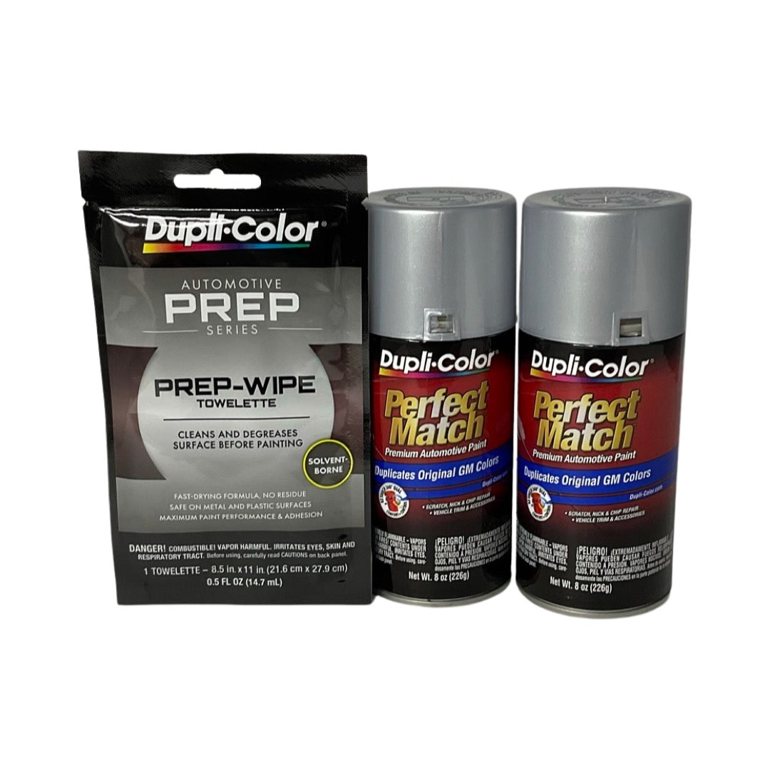 Dupli-Color BGM0508 2 Pack + Prep Wipe Bundle - GM Ultra Silver Metallic Perfect Match Automotive Spray Paint - 8 oz. cans with Prep Wipe (3 Items)
