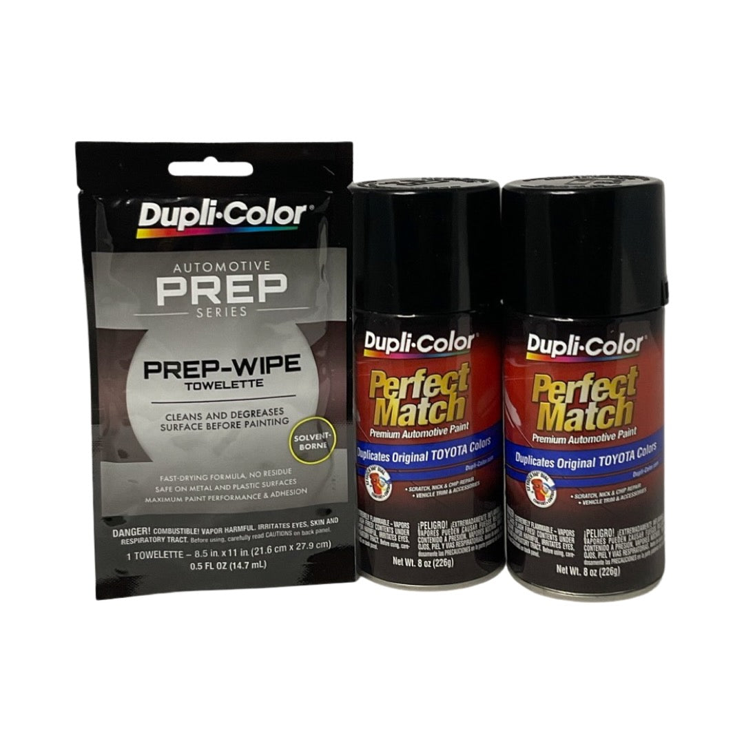 Dupli-Color BTY1566 2 Pack + Prep Wipe Bundle - Toyota Black Metallic Perfect Match Automotive Spray Paint - 8 oz. cans with Prep Wipe (3 Items)