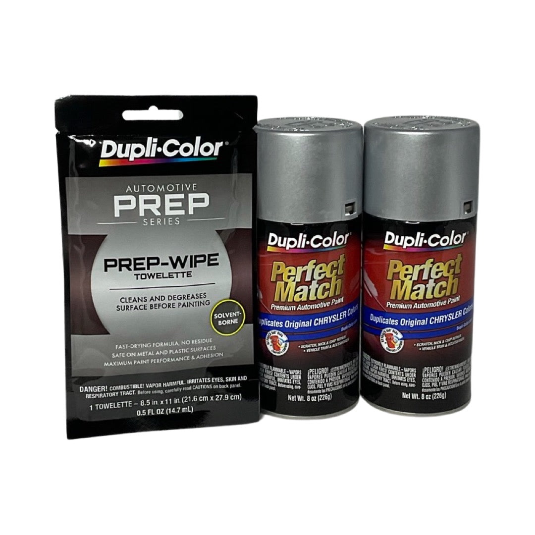 Dupli-Color BCC0410 Pack + Prep Wipe Bundle - Chrysler Bright Silver Metallic Perfect Match Automotive Spray Paint - 8 oz. cans with Prep Wipe (3 Items)